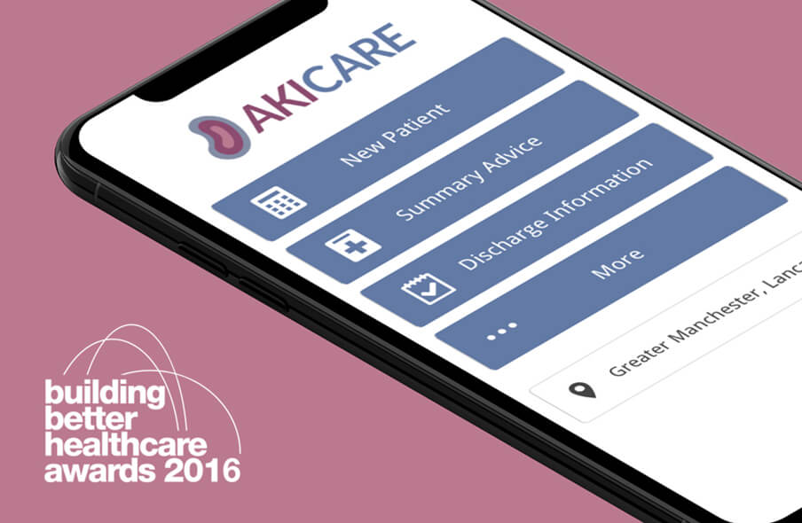 Smartphone showing award winning Acute Kidney Injury Care app. AKI Care has won the “building better healthcare awards 2016”