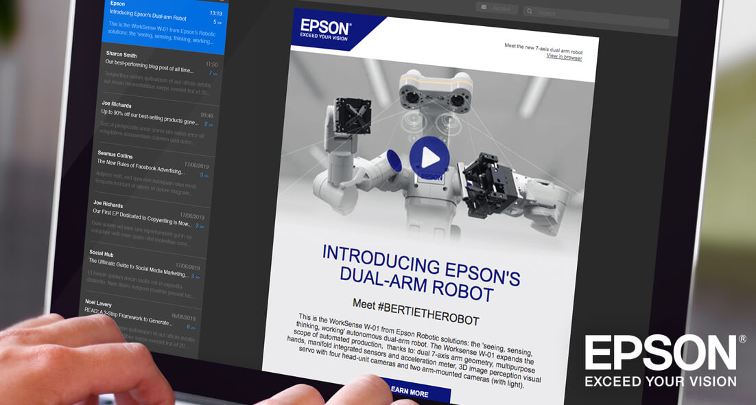 Laptop showing Epson Robots promotional email